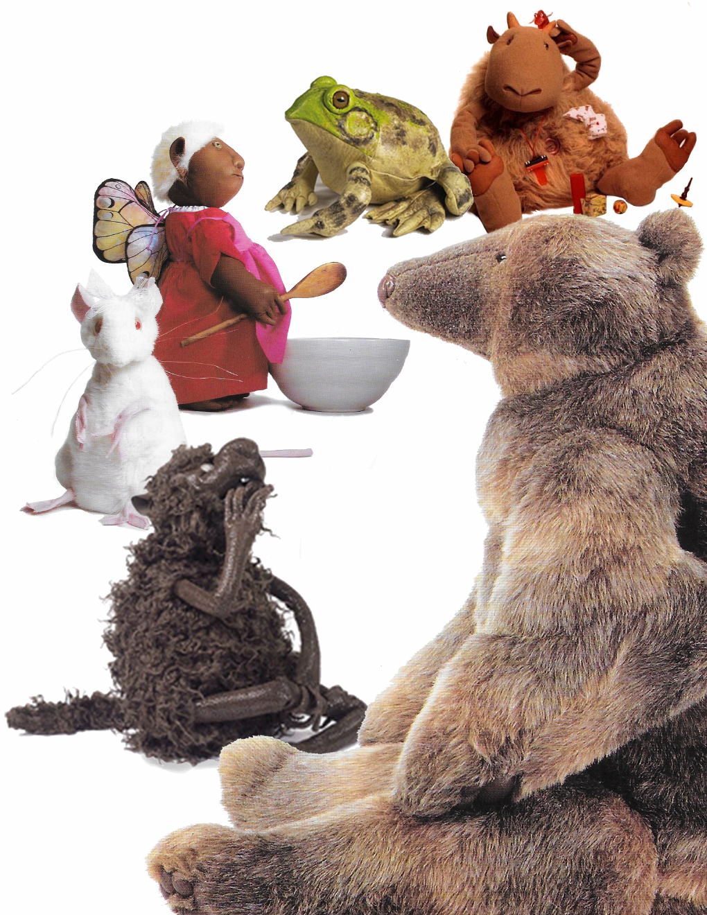A collection of handcrafted animal and puppet figures